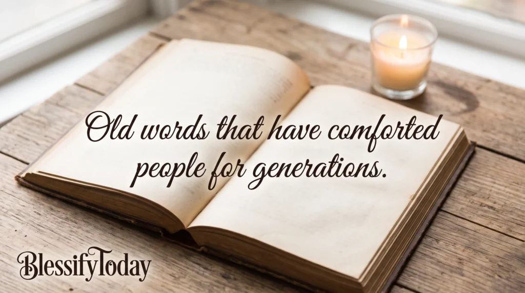 Open Bible and a small candle on a wooden nightstand, a quiet space for bedtime scripture
Caption: Old words that have comforted people for generations.