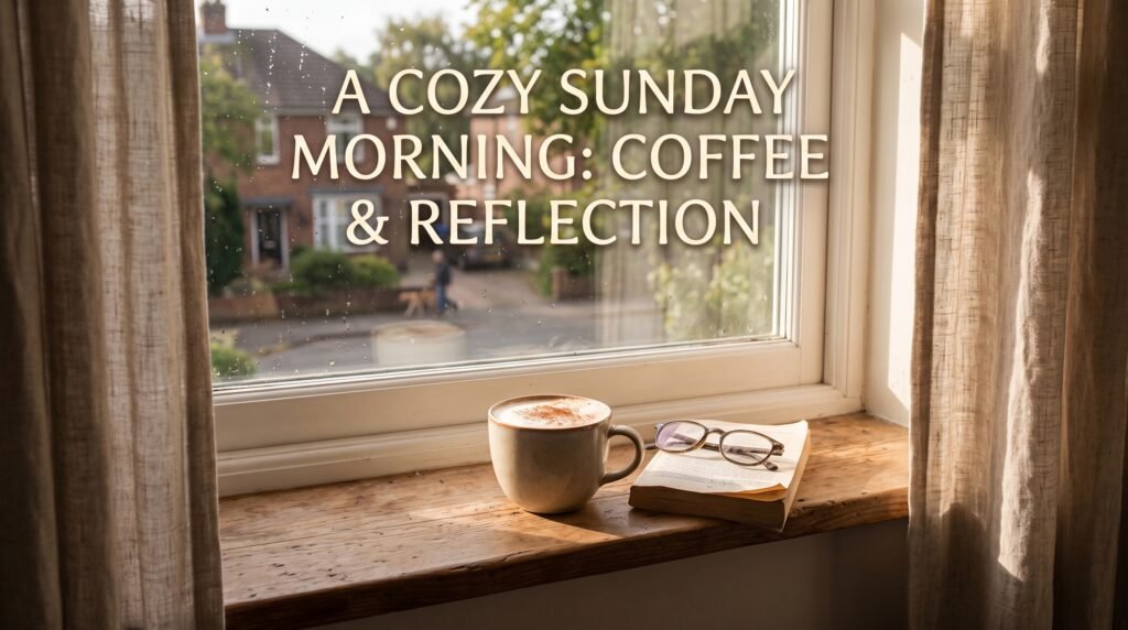 Warm cup of coffee on a windowsill on a calm Sunday morning