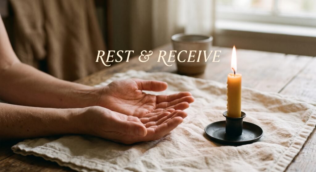 Open hands cupped beside a lit candle on a soft neutral cloth