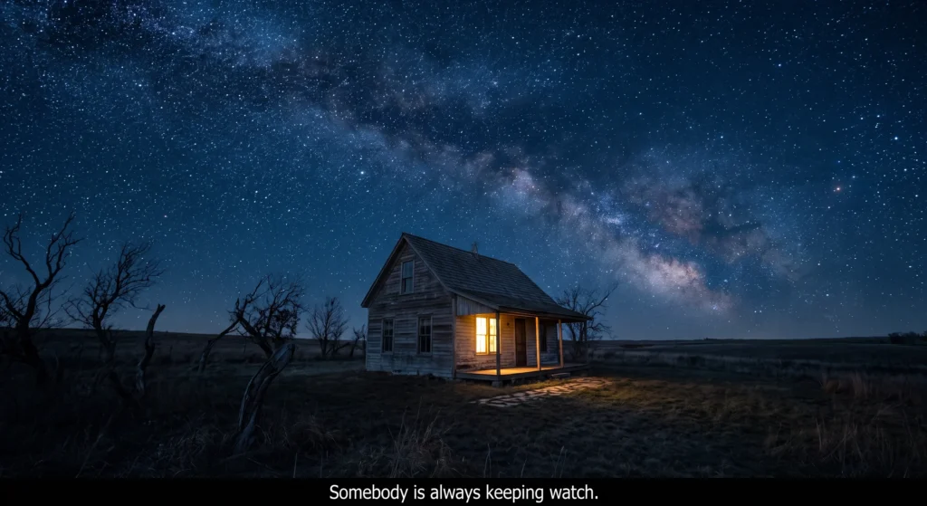 Starry night sky above a quiet house with one lit window, a peaceful end to the day