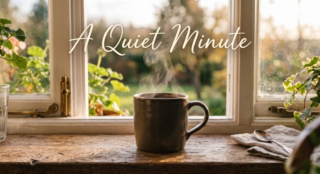 Steaming coffee cup on a wooden windowsill in soft morning light