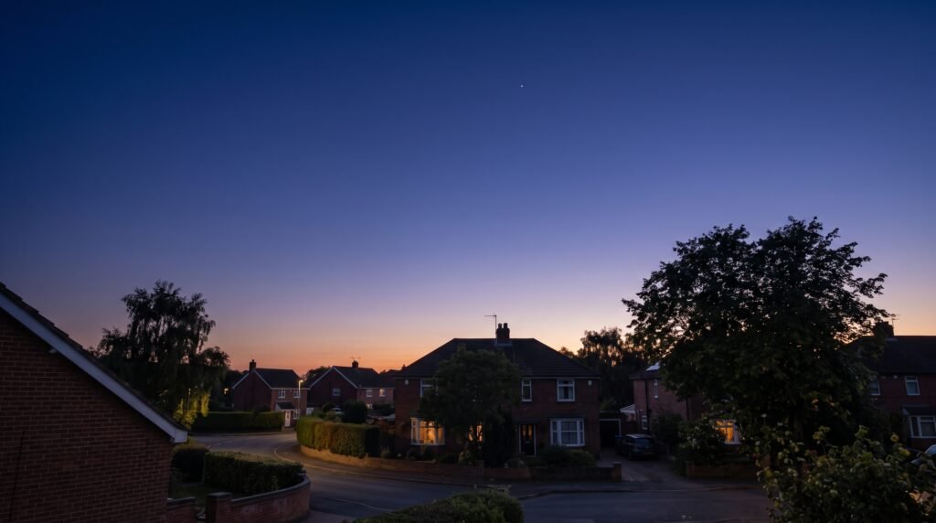 Calm night sky at dusk marking the quiet close of a Sunday evening