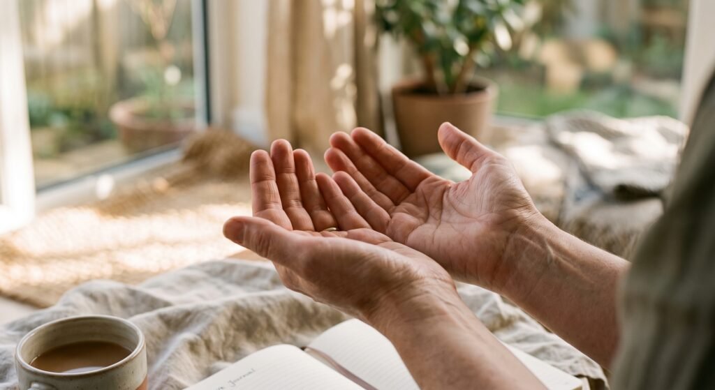 Open hands resting in warm sunlight, a symbol of gratitude and peace