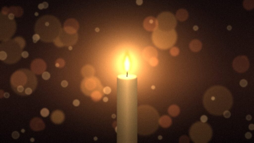 Single candle glowing warmly with soft golden bokeh lights, a cozy Saturday evening mood