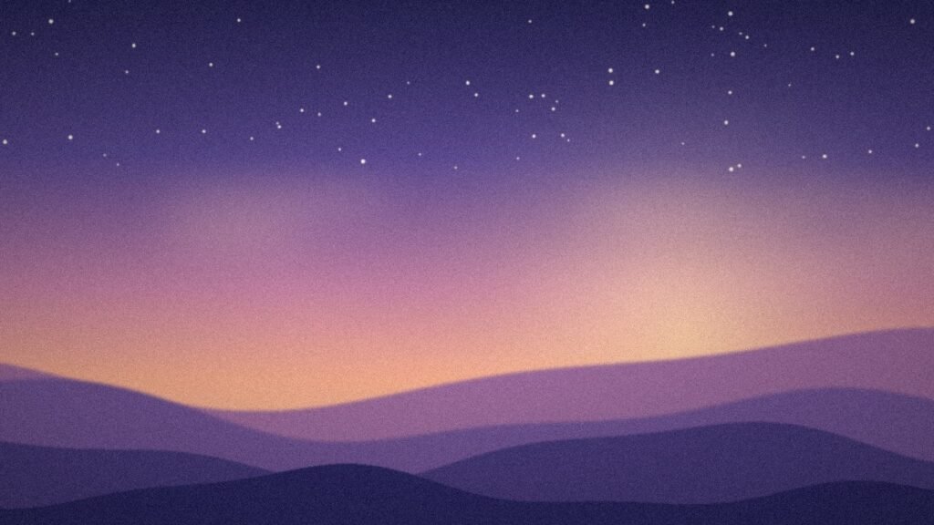 Violet and rose twilight over layered hills with faint stars, a calm image for divine protection