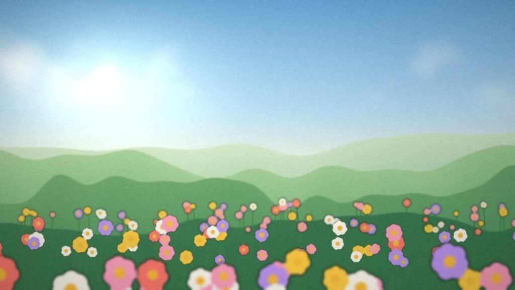 Sunny meadow with colorful wildflowers under a bright blue sky, a happy Saturday scene