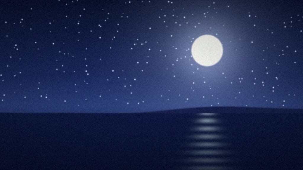 Full moon and stars above calm night water, a peaceful scene for a night prayer