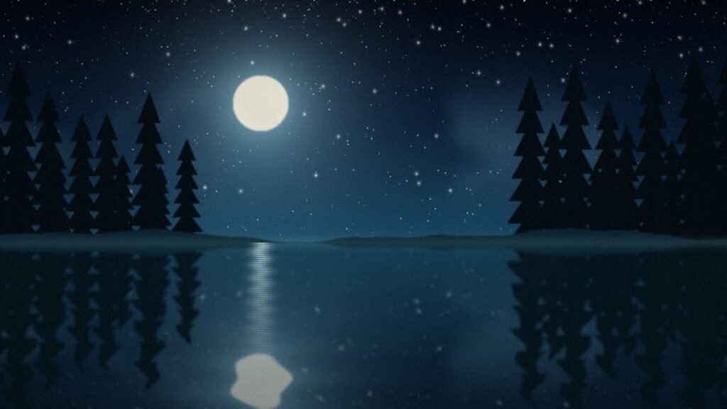 Still lake reflecting a bright moon and stars between dark pine hills