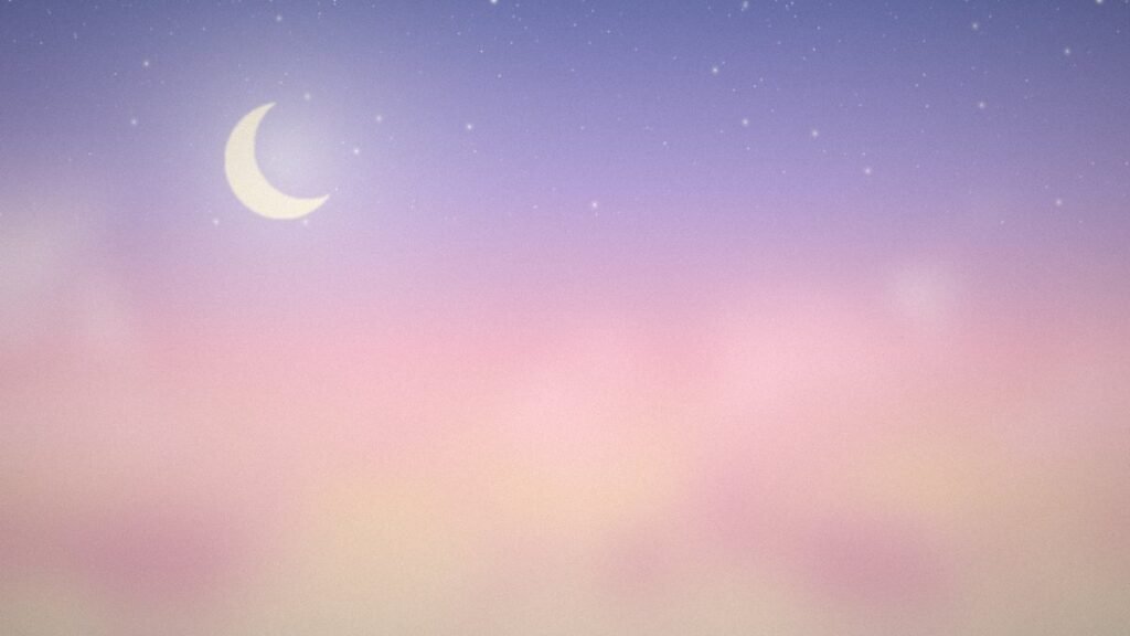 Pastel twilight sky with soft clouds and a thin crescent moon